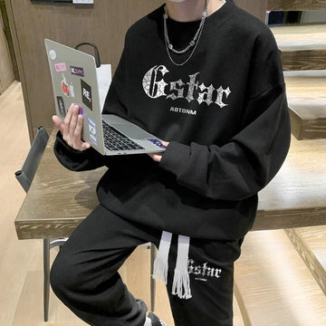 Men's Waffle Casual Suit O-neck Long Sleeve Print Letter Sweatshirts Sweatpants Autumn Tracksuit Plus Size Fashion Two Piece Set